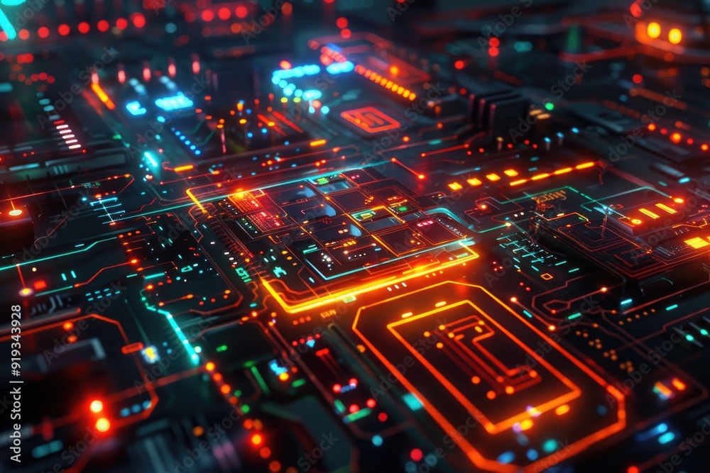 A detailed view of a circuit board illuminated by bright neon lights, suitable for tech-related projects or designs A detailed view of a circuit board illuminated by bright neon lights, suitable for tech-related projects or designs