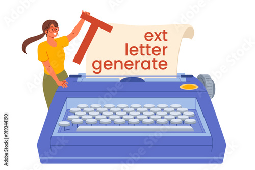 Woman journalist or copywriter stands near huge old typewriter with slogan text letter generate. Girl journalist offers services for writing articles for newspapers or online magazines