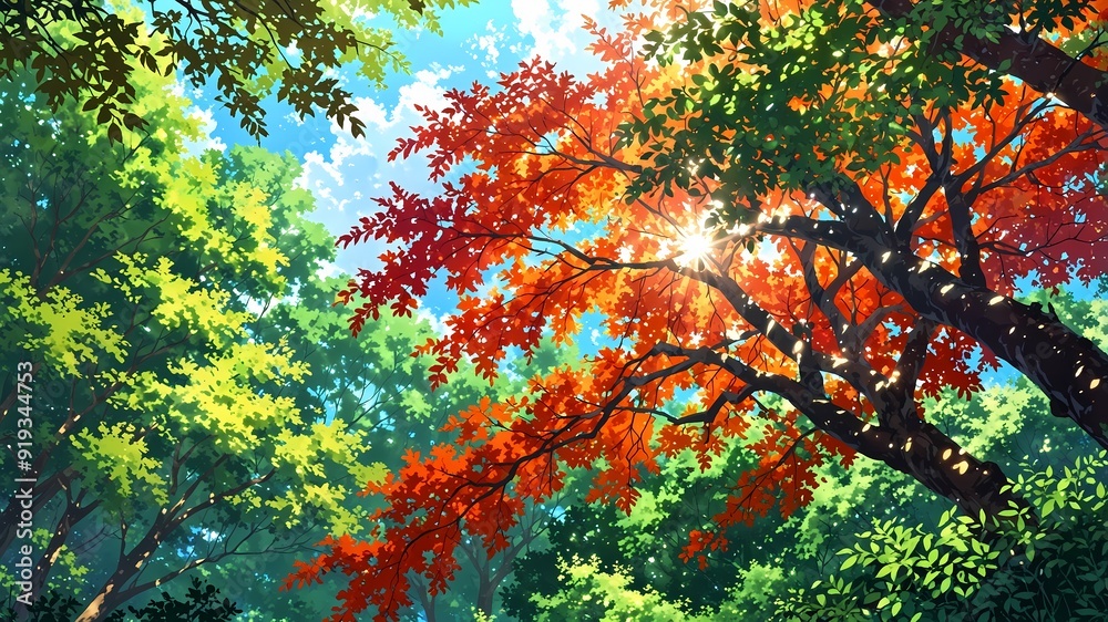 A Vivid Photograph of Sun-Dappled Forest Canopy and Lush Foliage Anime Background A Vivid Photograph of Sun-Dappled Forest Canopy and Lush Foliage Anime Background