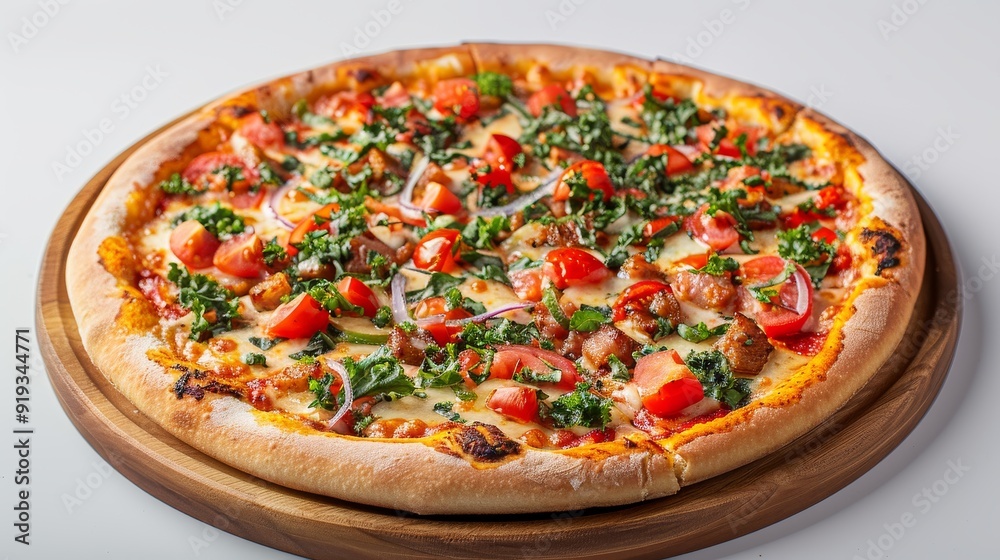 Cheesy pizza with a mix of meats and vegetables, served on a rustic wooden plate against a clean white backdrop Cheesy pizza with a mix of meats and vegetables, served on a rustic wooden plate against a clean white backdrop