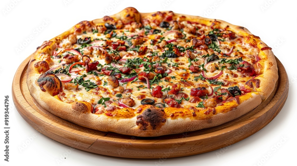 Cheesy pizza with a mix of meats and vegetables, served on a rustic wooden plate against a clean white backdrop Cheesy pizza with a mix of meats and vegetables, served on a rustic wooden plate against a clean white backdrop
