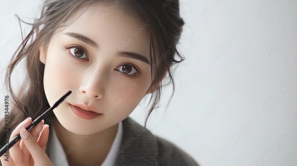 Close-up portrait of a young woman applying mascara. Close-up portrait of a young woman applying mascara.