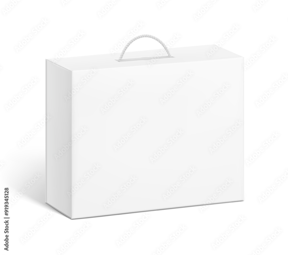 Carrying corrugated box case with rope handle mockup. Half side view. Vector illustration isolated on white background. Ready and simple to use for your design. EPS10. Carrying corrugated box case with rope handle mockup. Half side view. Vector illustration isolated on white background. Ready and simple to use for your design. EPS10.