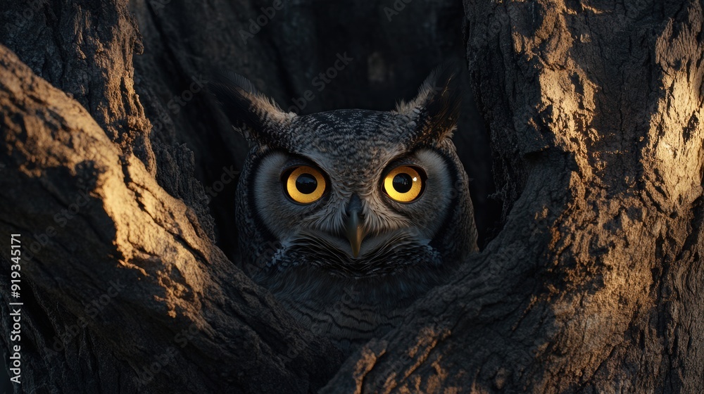 Majestic owl hiding in tree at dusk Majestic owl hiding in tree at dusk