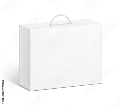 Carrying corrugated box case with rope handle mockup. Half side view. Vector illustration isolated on white background. Ready and simple to use for your design. EPS10.	