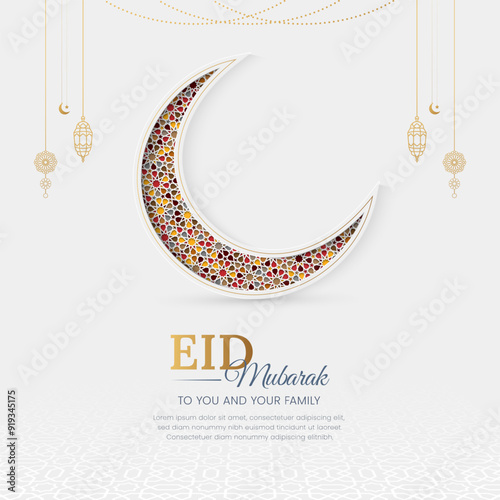 Eid Mubarak colorful islamic greeting card social media post with arabeque pattern and ornaments photo