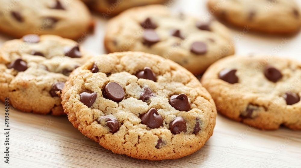 Close-up of homemade chocolate chip cookies on wooden surface Close-up of homemade chocolate chip cookies on wooden surface