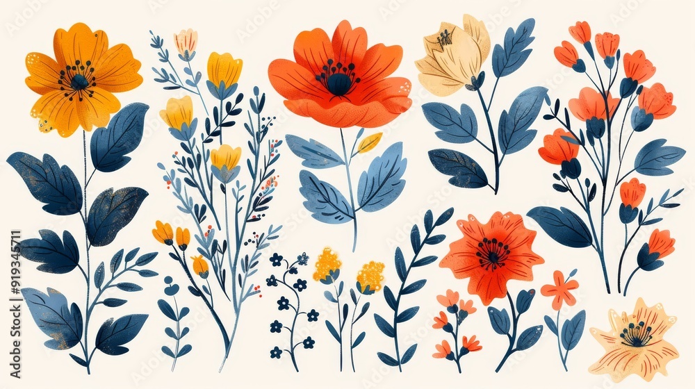 Obraz premium Collection of detailed spring flower elements with bright colors and delicate foliage, ideal for Easter