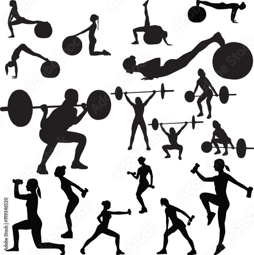 set of women's gym activities silhouettes, gym ball, barbel, lifting weights for diet, suitable for sport template design.