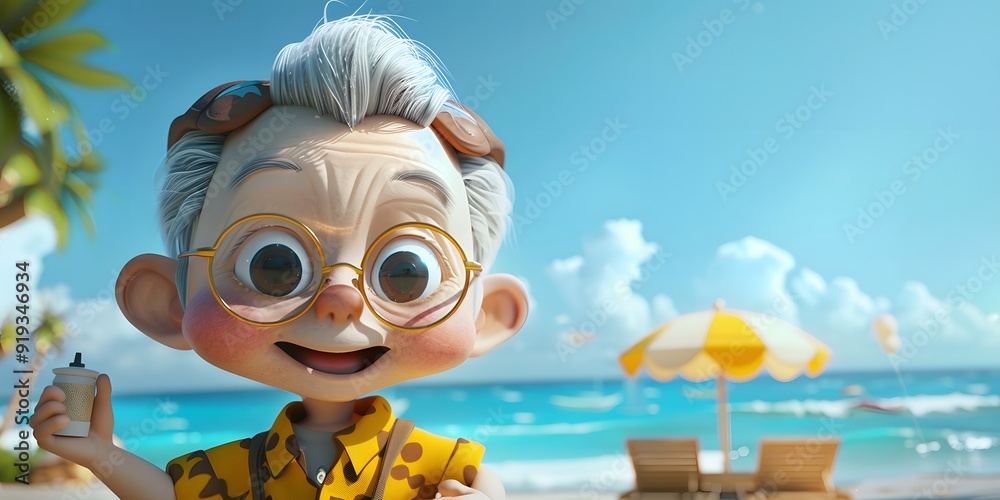 Adorable 3D elderly character on a seaside vacation, featuring a cute and playful design, enjoying a peaceful and relaxing time by the ocean. This charming scene captures the warmth and joy of travel Adorable 3D elderly character on a seaside vacation, featuring a cute and playful design, enjoying a peaceful and relaxing time by the ocean. This charming scene captures the warmth and joy of travel