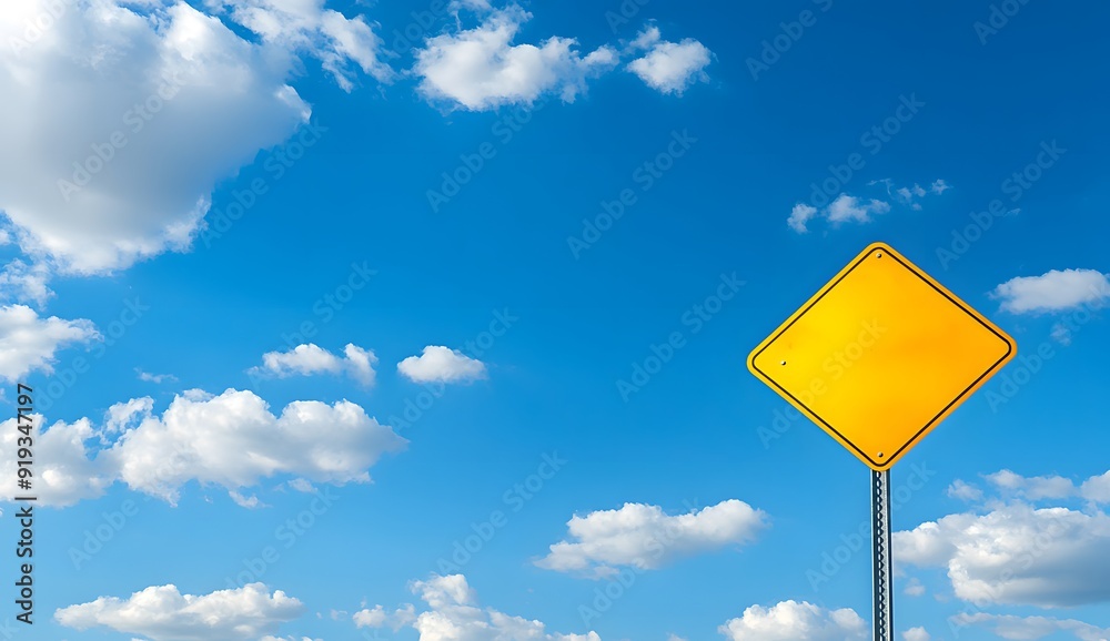 A photo of a yellow blank traffic sign on a blue sky background, isolated with space for text or design. Taken with a wide angle lens in daylight. A photo of a yellow blank traffic sign on a blue sky background, isolated with space for text or design. Taken with a wide angle lens in daylight.