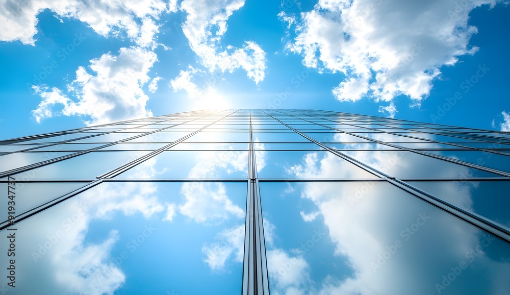 Fototapeta premium Modern skyscraper with a silver metal facade, towering into the sky, sunlight reflecting off its surface, with blue skies and white clouds in the background.