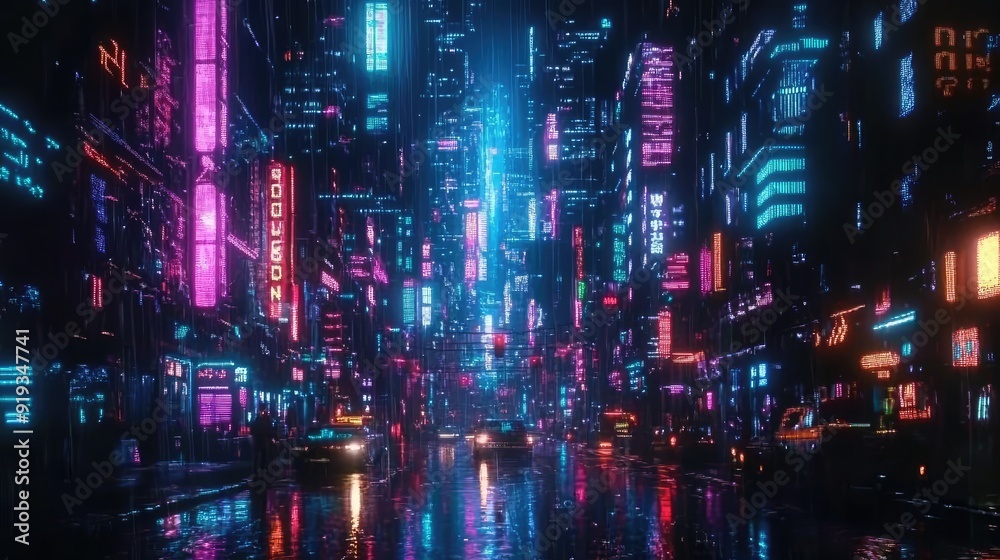 Big city night scene in cyberpunk style, futuristic nostalgia 80s, 90s. Neon lights vivid colors, photorealistic horizontal illustration. Ai generation Big city night scene in cyberpunk style, futuristic nostalgia 80s, 90s. Neon lights vivid colors, photorealistic horizontal illustration. Ai generation