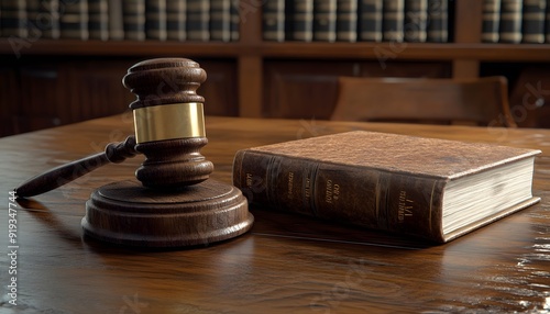 Gavel and book on table in office background, stock photo, commercial use