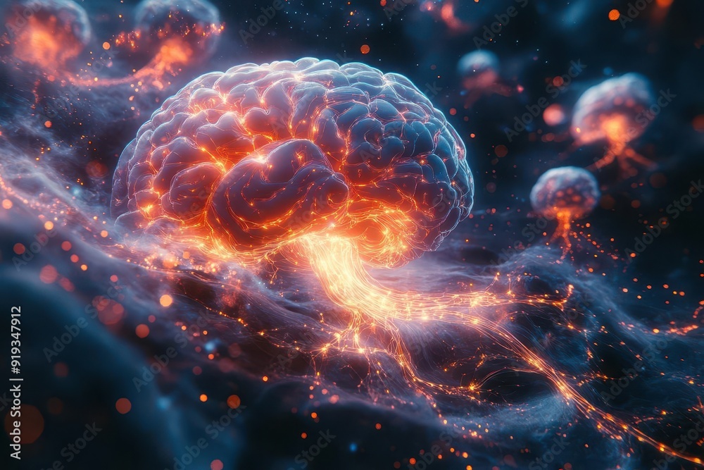 surreal brain landscape with neon neurons forming intricate pathways pulsating with electric energy against a cosmic backdrop surreal brain landscape with neon neurons forming intricate pathways pulsating with electric energy against a cosmic backdrop