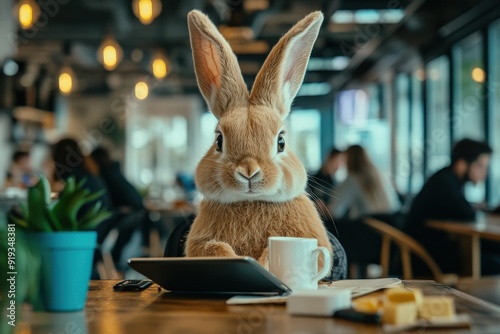 The rabbit sits casually at a café table, focused on a tablet, with a cup of coffee and a plant nearby