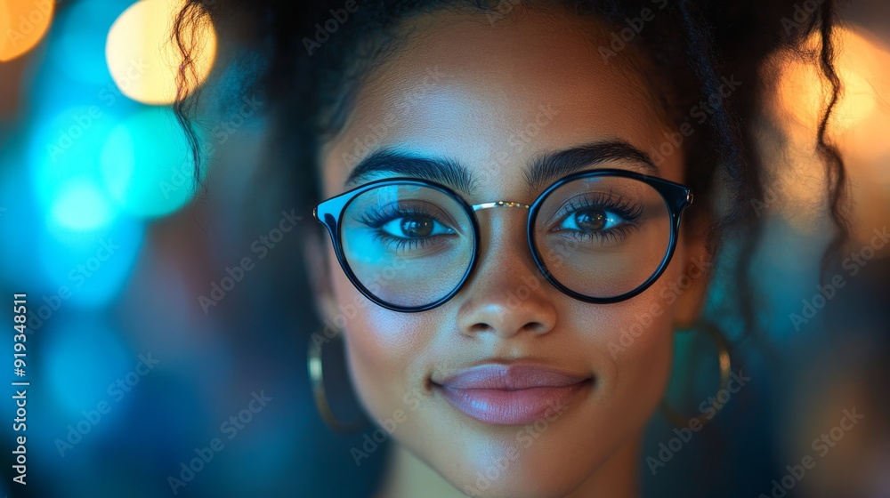Confident in the City Lights: A young black woman with a captivating gaze and stylish glasses embraces the vibrant energy of the city at night. Confident in the City Lights: A young black woman with a captivating gaze and stylish glasses embraces the vibrant energy of the city at night.