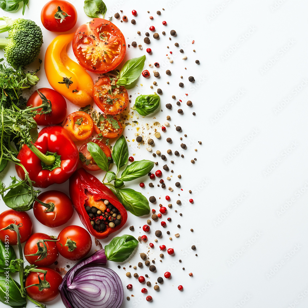 Food background on white background with fresh vegetables and spices through vibrant herbs crisp vegetables, healthy cuisine concept. Food background on white background with fresh vegetables and spices through vibrant herbs crisp vegetables, healthy cuisine concept.