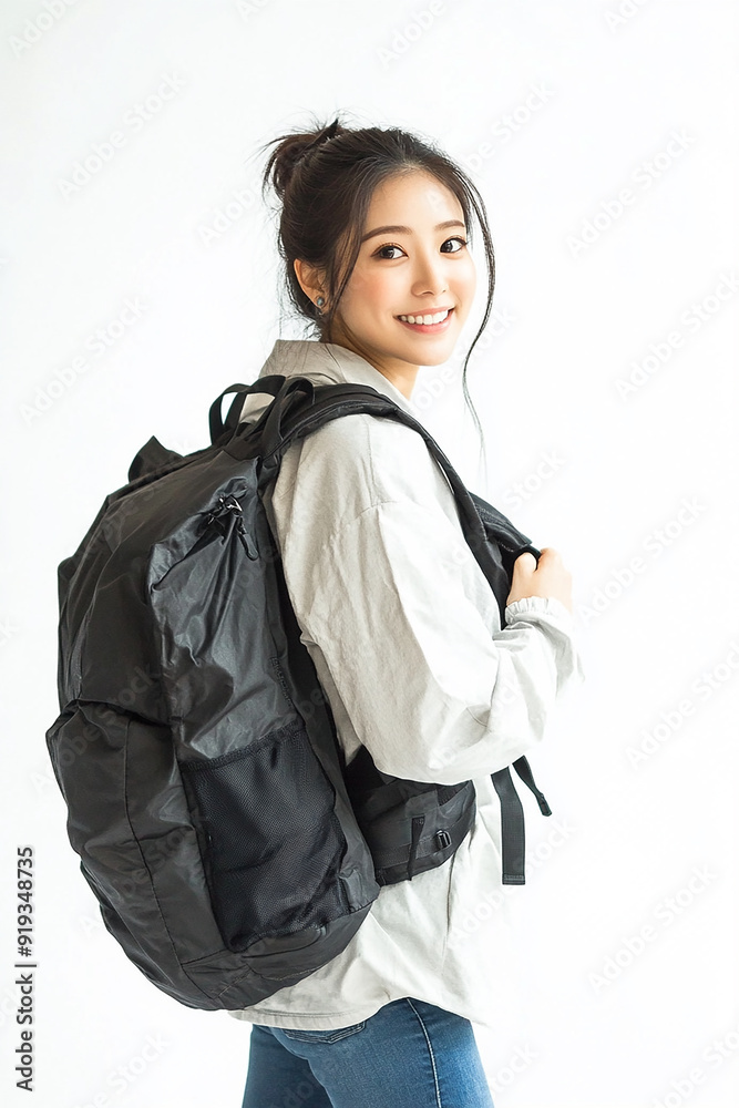Beautiful young women with backpacks, students, college students go to school and back to school. Travelers, backpackers Beautiful young women with backpacks, students, college students go to school and back to school. Travelers, backpackers