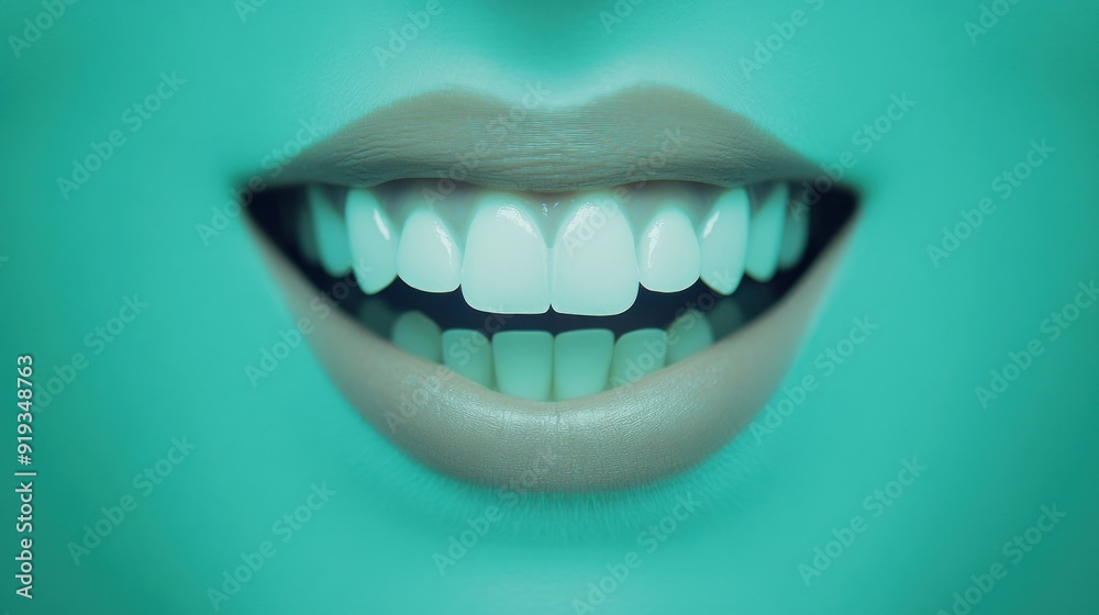 Close-up of a smiling mouth with bright white teeth against a vibrant teal background. Close-up of a smiling mouth with bright white teeth against a vibrant teal background.