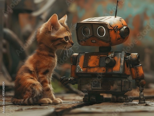 A curious cat interacts with a vintage robot in a rustic workshop during the afternoon photo