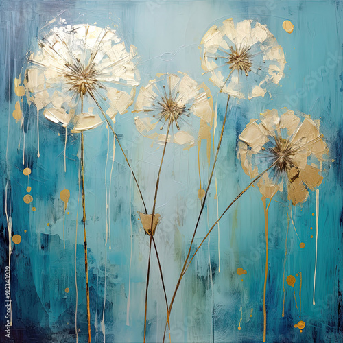 Floral Gold Foil Dandelions on blue Background Oil Painting
