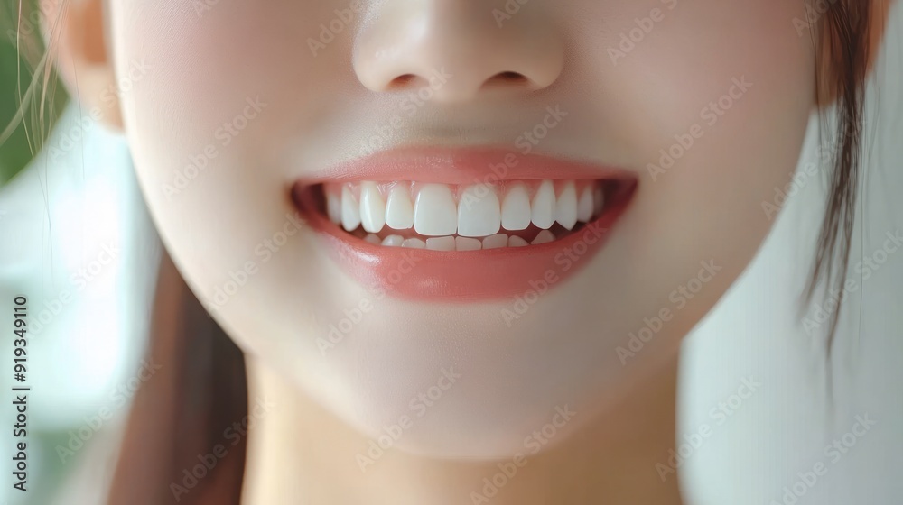 Fototapeta premium Close-up of a woman's smile with bright white teeth and pink lips.