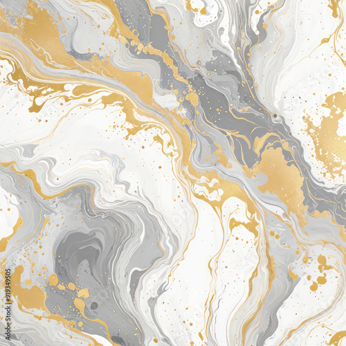 An abstract design with fluid, marbled patterns in shades of white and gold.