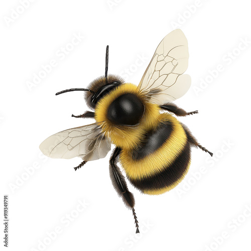 A detailed close-up of a realistic bumblebee showcasing its vibrant yellow and black stripes, highlighting its delicate wings.