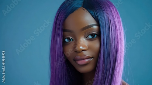 Closeup of a young woman with long, purple hair looking directly at the camera against a blue background.