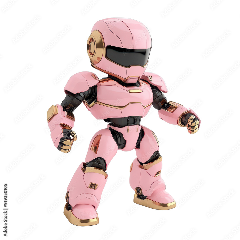 A vibrant pink robot figure with gold accents, showcasing a futuristic design and playful aesthetics, perfect for imaginative play. A vibrant pink robot figure with gold accents, showcasing a futuristic design and playful aesthetics, perfect for imaginative play.