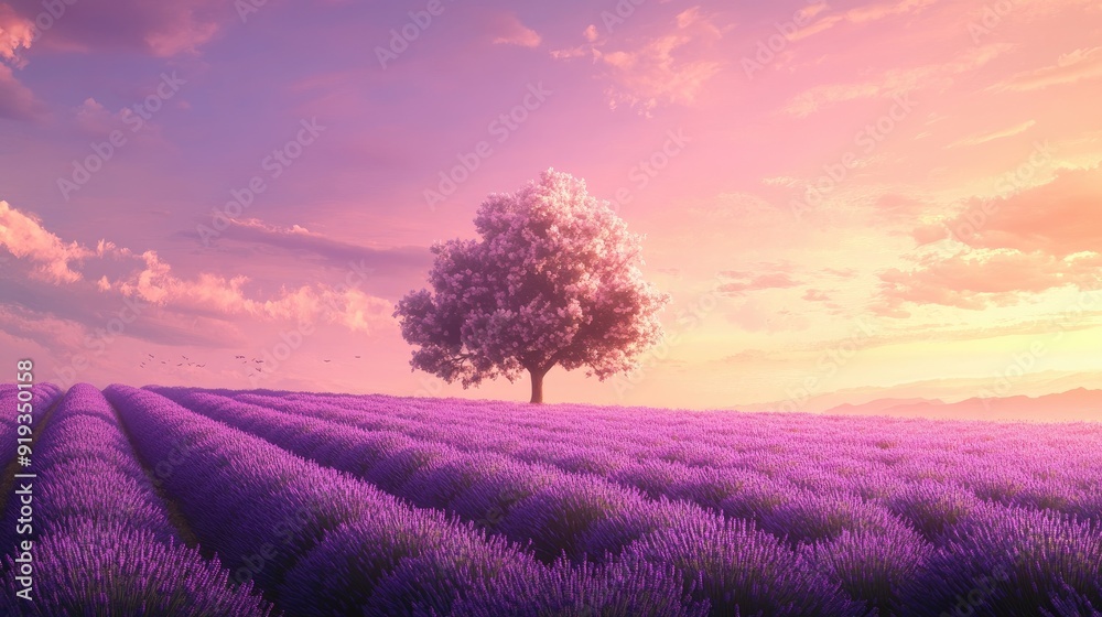 Obraz premium Stunning sunset over a lavender field, with a single tree adding a focal point to the scene, bathed in the soft glow of the summer evening light.