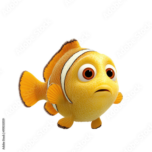 A vibrant yellow fish with big eyes and a worried expression, perfect for illustrating emotions in aquatic environments.