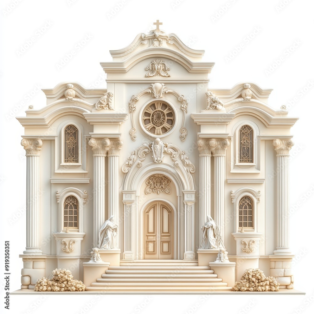 Baroque façade featuring ornate scrollwork and statues in a grand architectural design Baroque façade featuring ornate scrollwork and statues in a grand architectural design