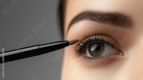 Close-up of a woman's eye with an eyeliner brush.