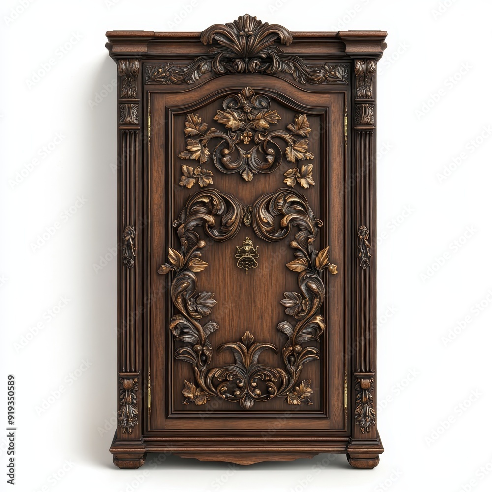 Baroque style armoire with ornate carvings displayed against a plain background Baroque style armoire with ornate carvings displayed against a plain background
