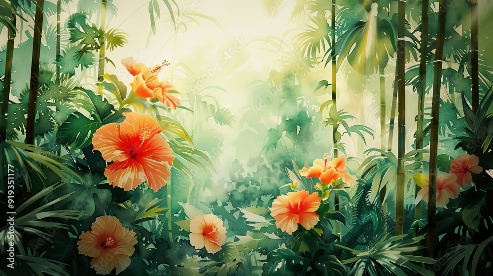 Detailed watercolor of a tropical garden, blooming hibiscus, ferns, bamboo grove, soft afternoon glow Detailed watercolor of a tropical garden, blooming hibiscus, ferns, bamboo grove, soft afternoon glow