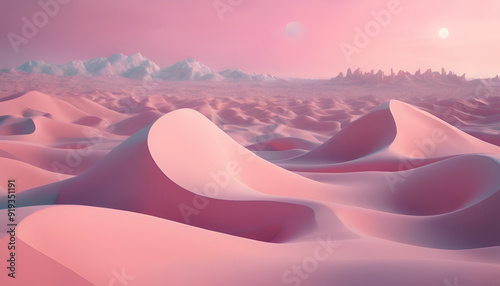 A 3D-rendered surreal pastel landscape featuring abstract geometric shapes and futuristic desert dunes, set against a blue sky with soft clouds, creating a fantastical, panoramic scene.