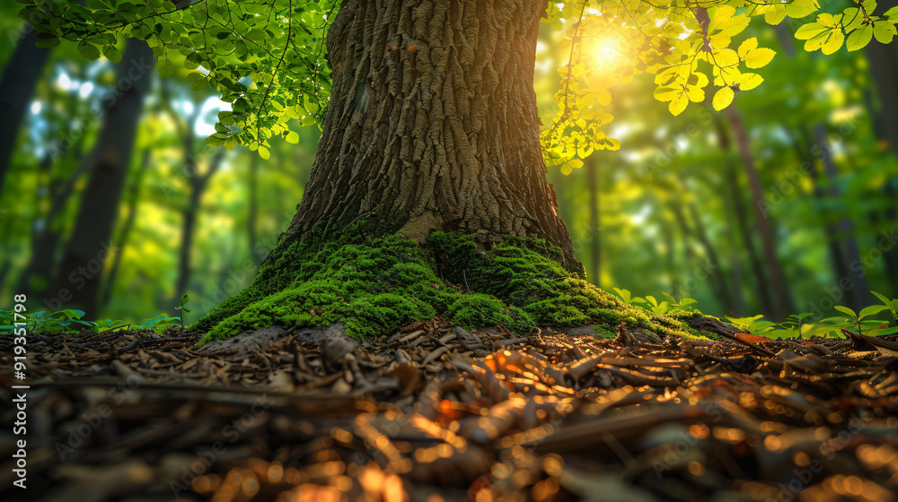 a tree trunk with moss growing on it in a forest. The sun is shining through the leaves. a tree trunk with moss growing on it in a forest. The sun is shining through the leaves.