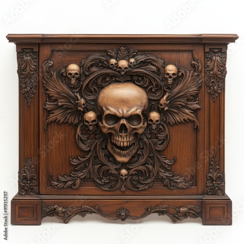 Intricate Gothic-style cabinet with wood carvings featuring skull motifs