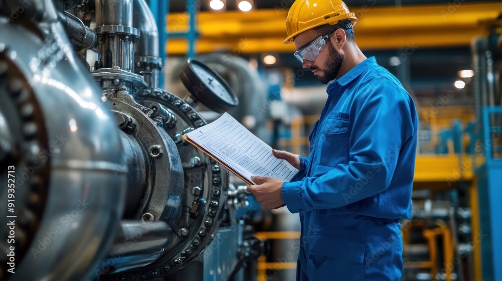 Generate a photo realistic image of inspectors conducting safety compliance inspection of industrial machinery, with machinery safety guards, equipment maintenance records, and inspection checklist Generate a photo realistic image of inspectors conducting safety compliance inspection of industrial machinery, with machinery safety guards, equipment maintenance records, and inspection checklist