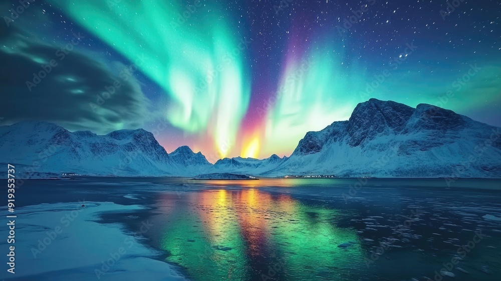 Naklejka premium The northern lights illuminate the night sky over Lofoten Islands, Norway, with their vibrant hues beautifully reflected on the water, creating a serene winter scene.