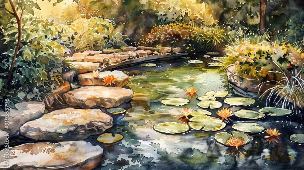 Detailed watercolor of a water garden, water lilies, stone pathway, warm afternoon glow ,Ultra-High Detail, Ultra-Realistic Detailed watercolor of a water garden, water lilies, stone pathway, warm afternoon glow ,Ultra-High Detail, Ultra-Realistic