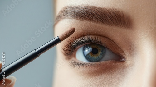 Close up of a woman's eye with an eyeshadow brush being applied.