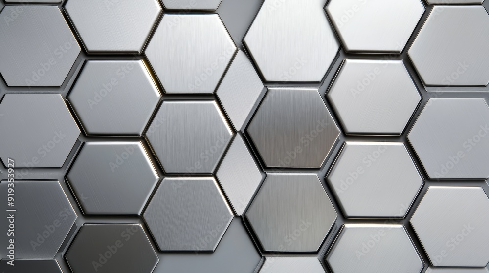 Close-up of hexagon-shaped metal tiles, brushed steel finish, emphasizing sharp angles and industrial style, subtle light reflections Close-up of hexagon-shaped metal tiles, brushed steel finish, emphasizing sharp angles and industrial style, subtle light reflections