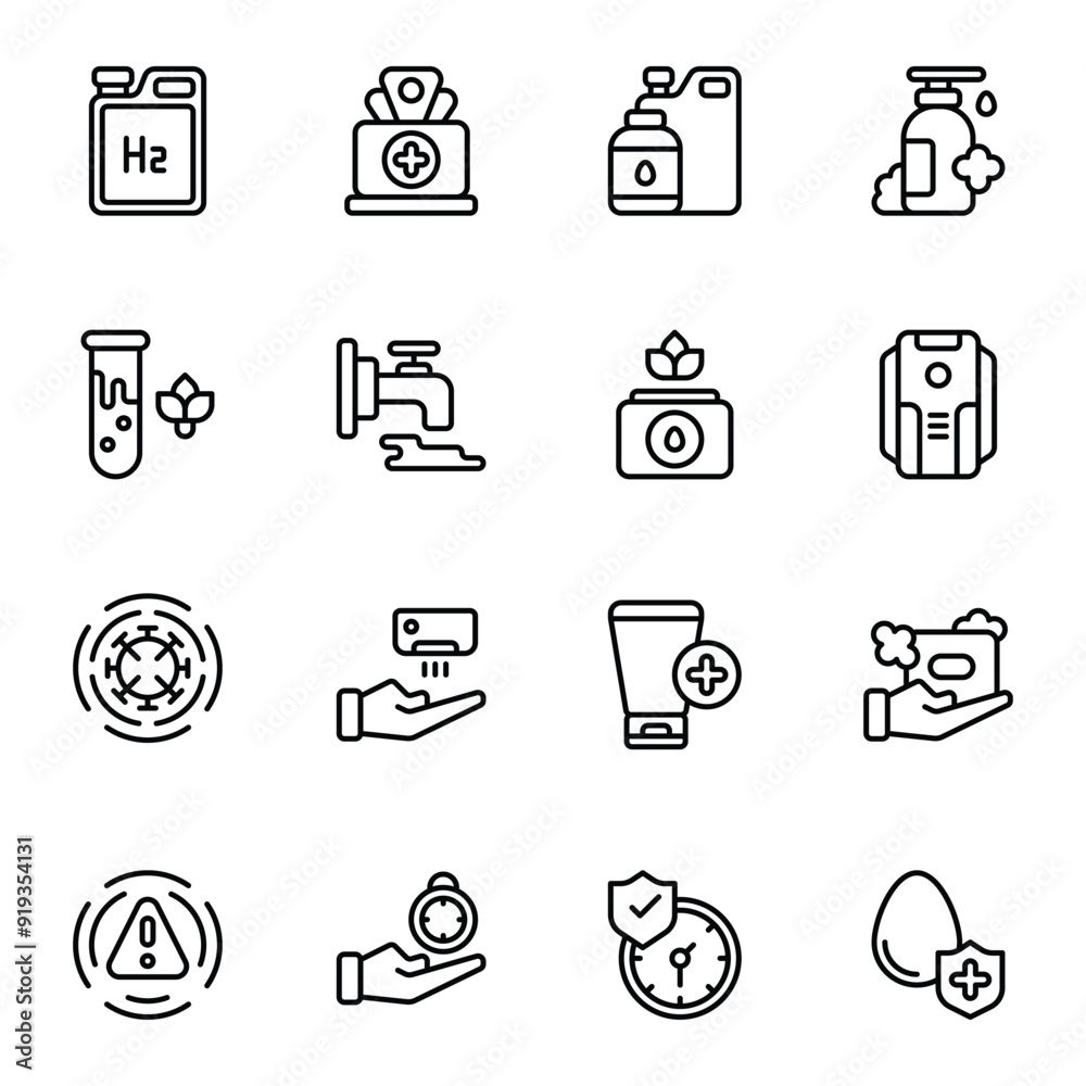 Hand Sanitiser icon set. Includes alcohol, antiseptic, treatment, tube, virus, medical, and More. Outline icons vector collection. Hand Sanitiser icon set. Includes alcohol, antiseptic, treatment, tube, virus, medical, and More. Outline icons vector collection.