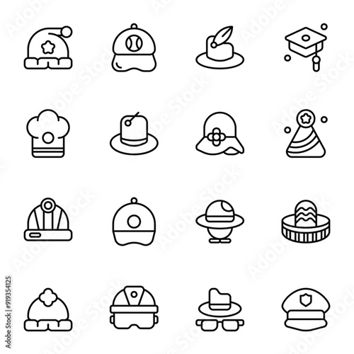 Hat icon set. Includes Accessories, baseball hat, police hat, santa hat, party hat, and More. Outline icons vector collection.