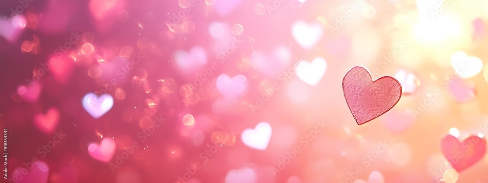 A single red heart shape stands out against a blurred background of pink and white heart shapes and bokeh lights. A single red heart shape stands out against a blurred background of pink and white heart shapes and bokeh lights.