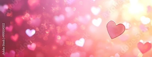 A single red heart shape stands out against a blurred background of pink and white heart shapes and bokeh lights.