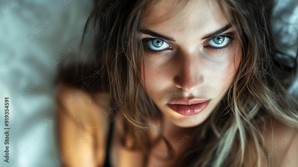 Sensual woman with an intense gaze, seductively posed in a bedroom setting. Sensual woman with an intense gaze, seductively posed in a bedroom setting.